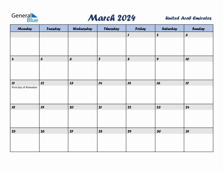 March 2024 Calendar with Holidays in United Arab Emirates