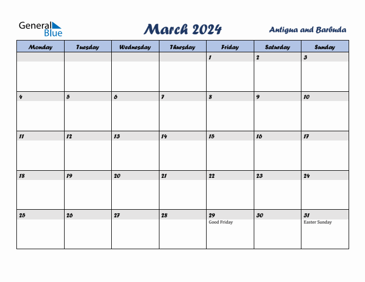 March 2024 Calendar with Holidays in Antigua and Barbuda
