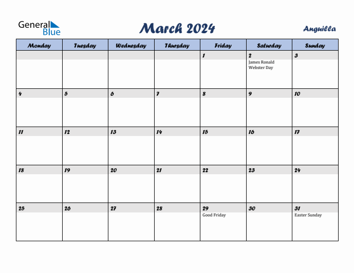 March 2024 Calendar with Holidays in Anguilla