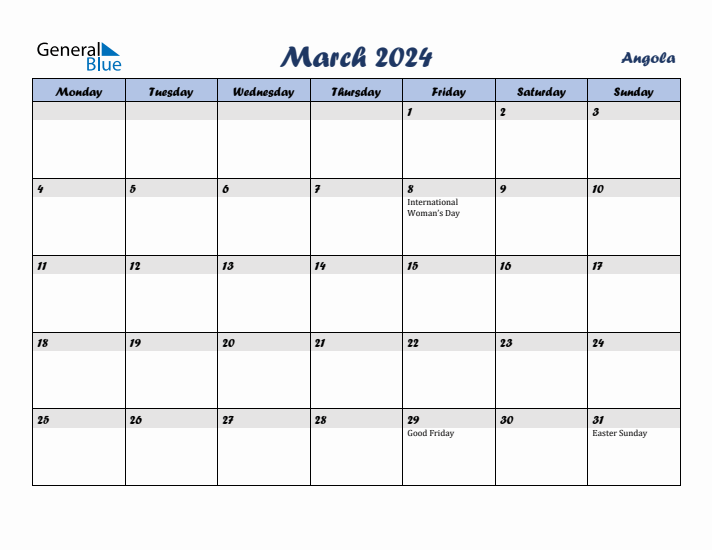 March 2024 Calendar with Holidays in Angola