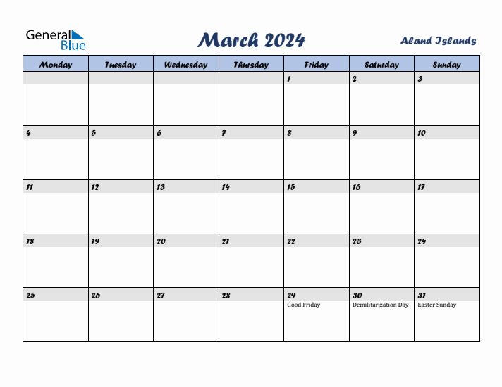 March 2024 Calendar with Holidays in Aland Islands