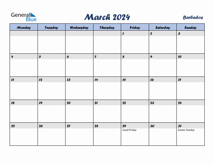 March 2024 Calendar with Holidays in Barbados