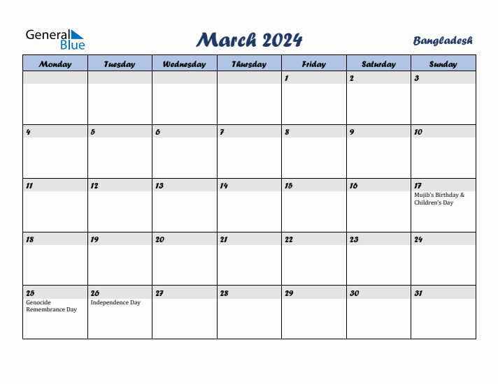 March 2024 Calendar with Holidays in Bangladesh