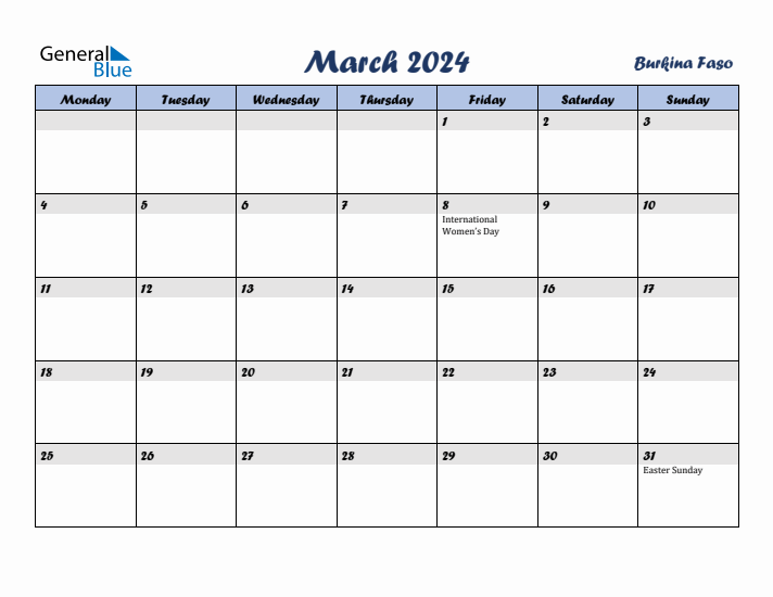 March 2024 Calendar with Holidays in Burkina Faso