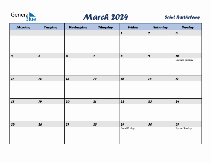 March 2024 Calendar with Holidays in Saint Barthelemy