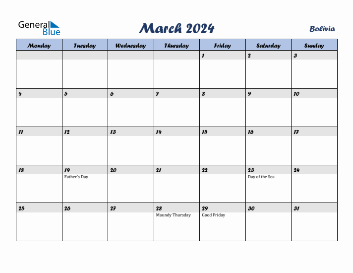 March 2024 Calendar with Holidays in Bolivia