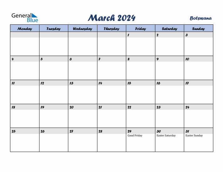 March 2024 Calendar with Holidays in Botswana