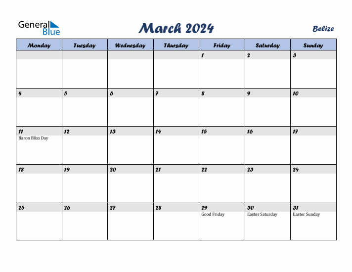 March 2024 Calendar with Holidays in Belize