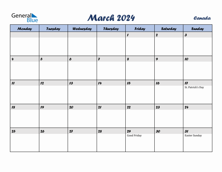 March 2024 Calendar with Holidays in Canada