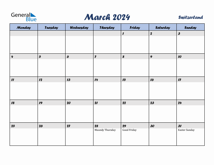 March 2024 Calendar with Holidays in Switzerland