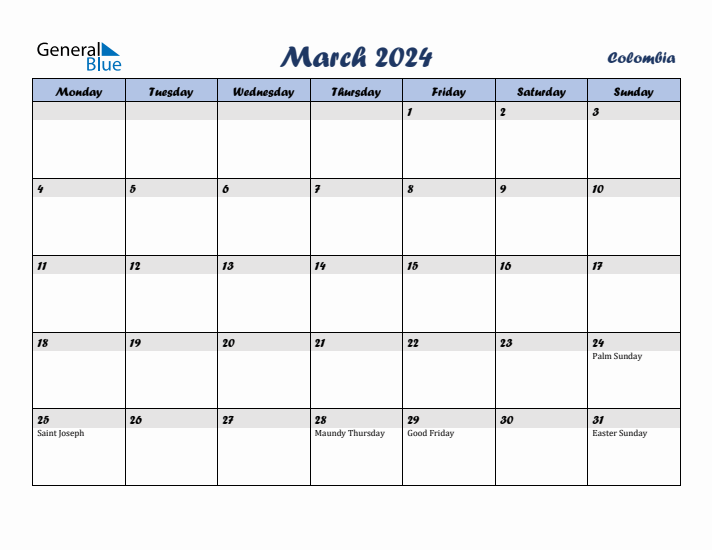 March 2024 Calendar with Holidays in Colombia