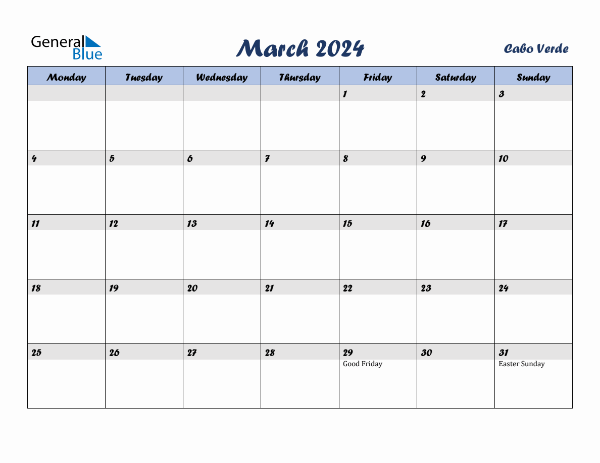 March 2024 Monthly Calendar Template with Holidays for Cabo Verde