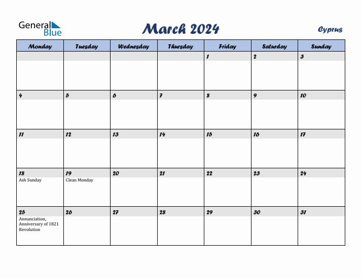 March 2024 Calendar with Holidays in Cyprus