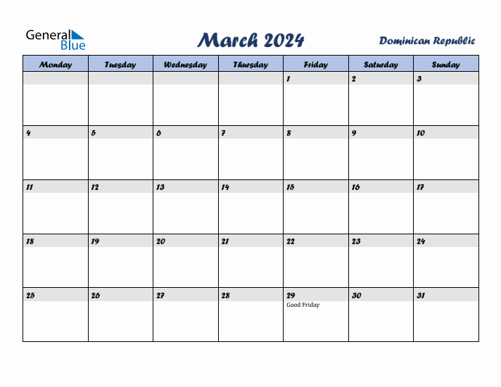March 2024 Calendar with Holidays in Dominican Republic