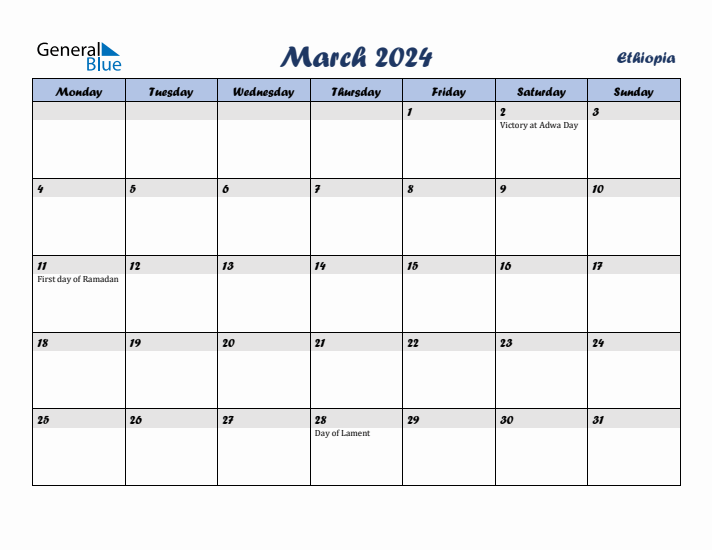 March 2024 Calendar with Holidays in Ethiopia