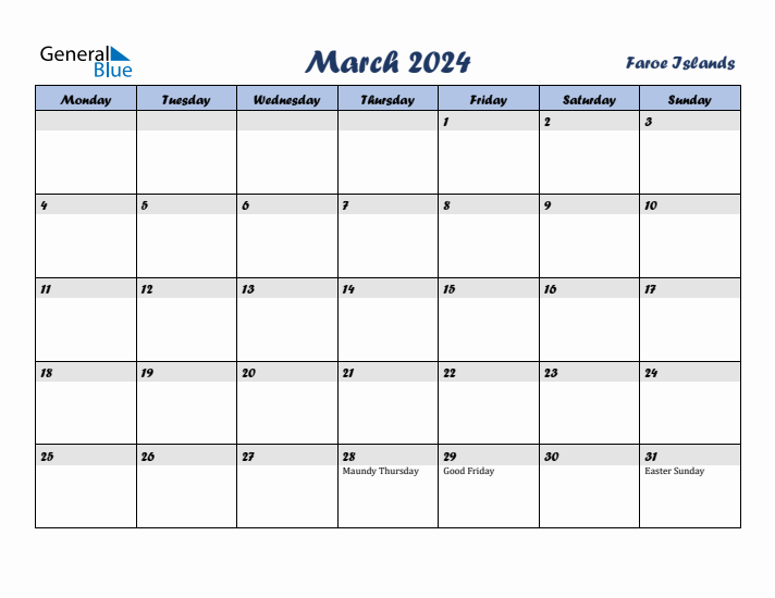 March 2024 Calendar with Holidays in Faroe Islands