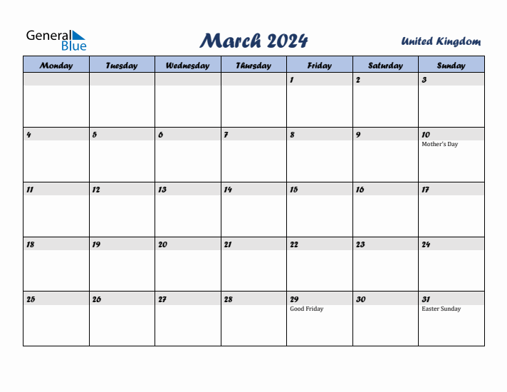 March 2024 Calendar with Holidays in United Kingdom