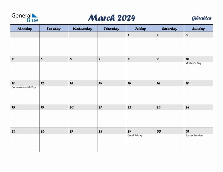 March 2024 Calendar with Holidays in Gibraltar