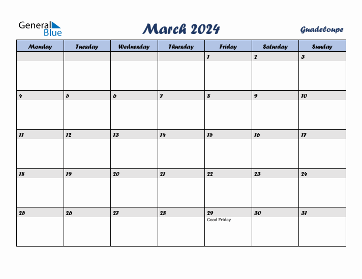March 2024 Calendar with Holidays in Guadeloupe