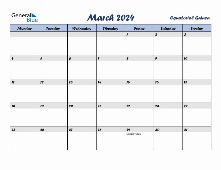 March 2024 Calendar with Holidays in Equatorial Guinea