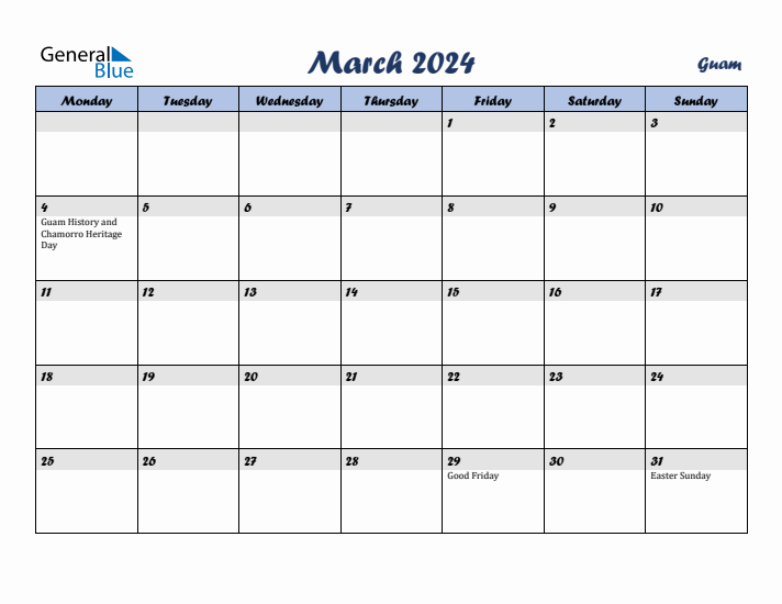 March 2024 Calendar with Holidays in Guam