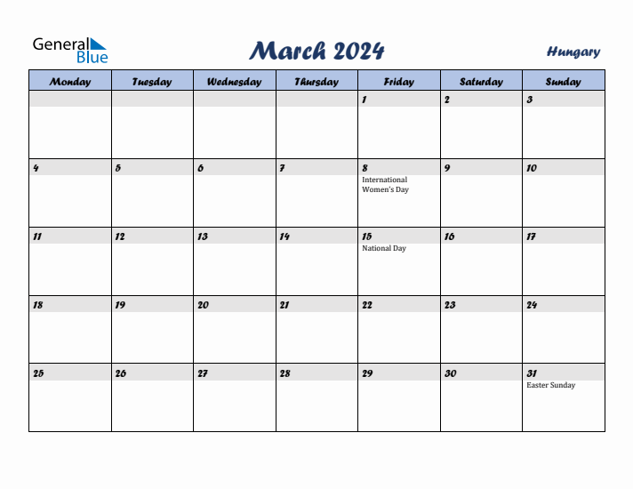 March 2024 Calendar with Holidays in Hungary