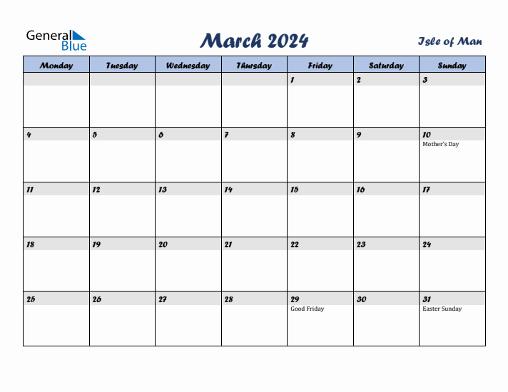 March 2024 Calendar with Holidays in Isle of Man