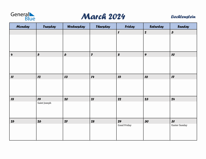 March 2024 Calendar with Holidays in Liechtenstein