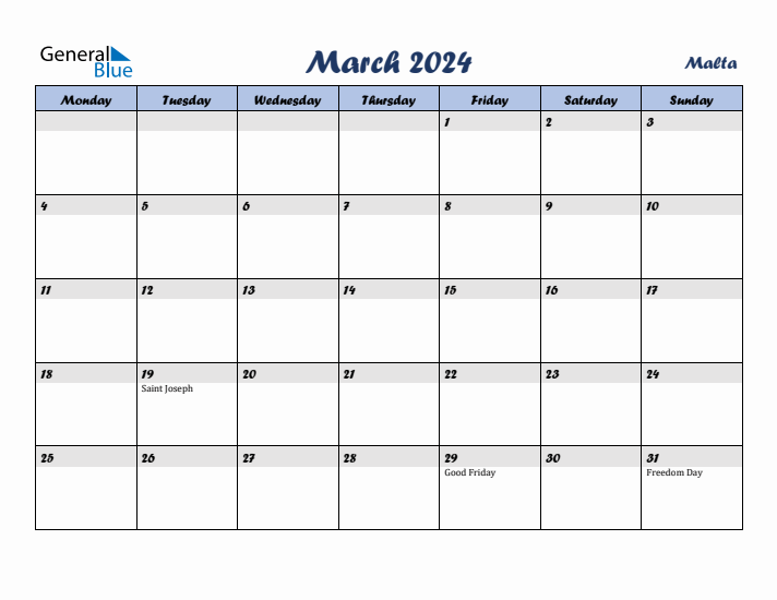 March 2024 Calendar with Holidays in Malta