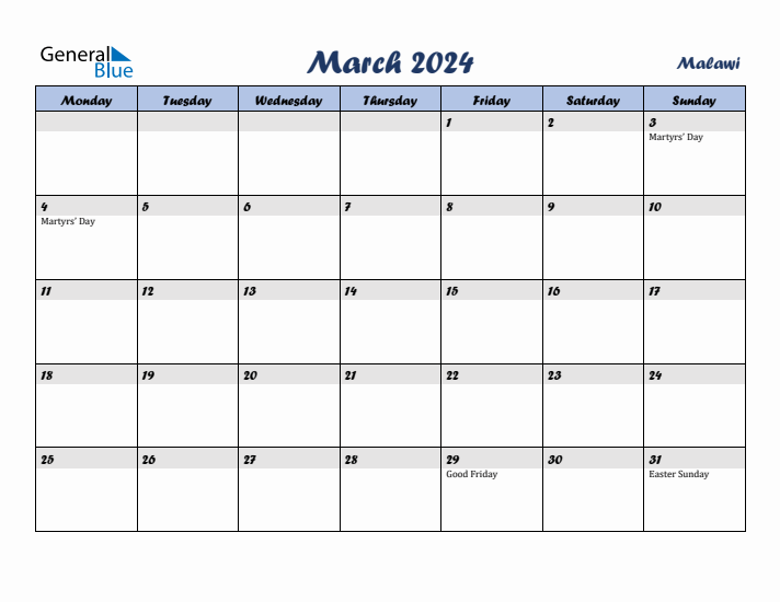 March 2024 Calendar with Holidays in Malawi