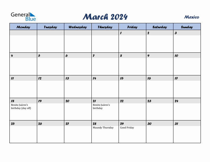 March 2024 Monthly Calendar Template with Holidays for Mexico