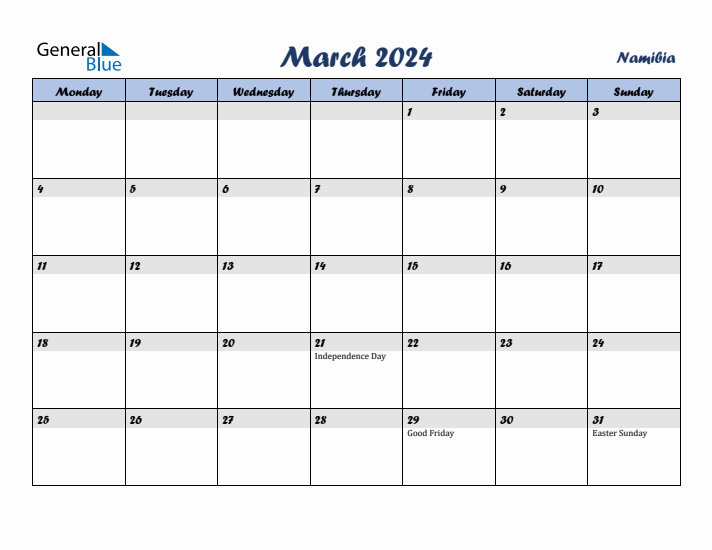 March 2024 Namibia Monthly Calendar with Holidays