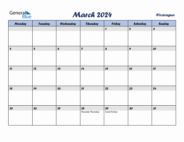March 2024 Calendar with Holidays in Nicaragua