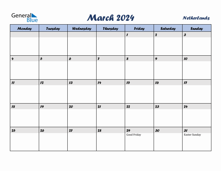 March 2024 Calendar with Holidays in The Netherlands