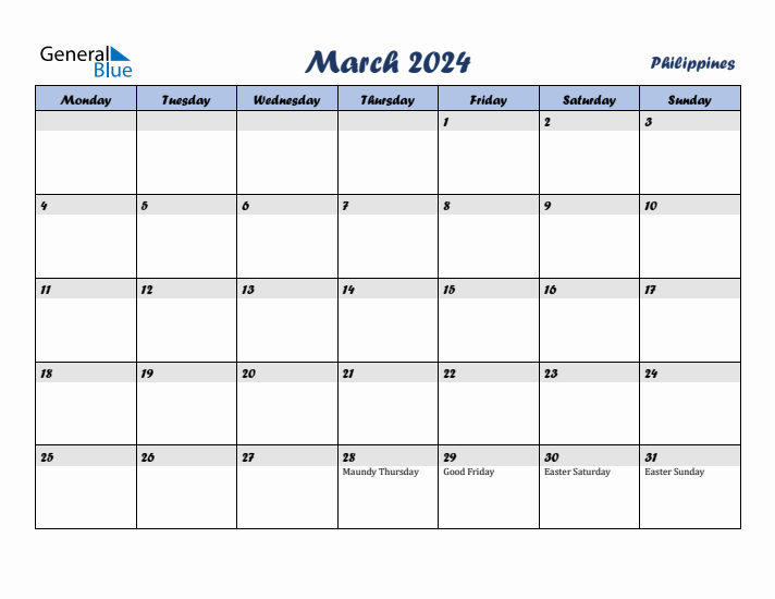 March 2024 Calendar with Holidays in Philippines