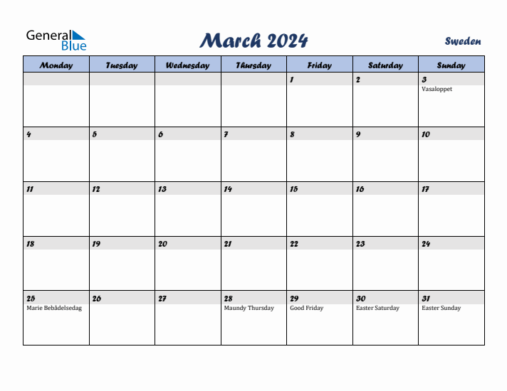 March 2024 Sweden Monthly Calendar with Holidays