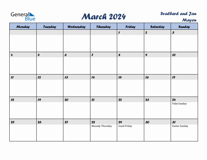 March 2024 Calendar with Holidays in Svalbard and Jan Mayen