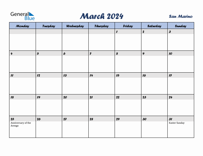 March 2024 Calendar with Holidays in San Marino