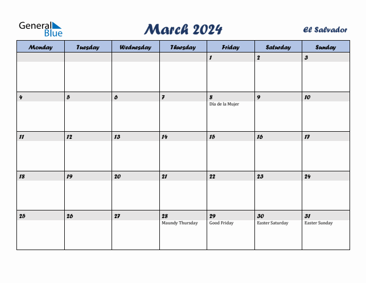 March 2024 Calendar with Holidays in El Salvador