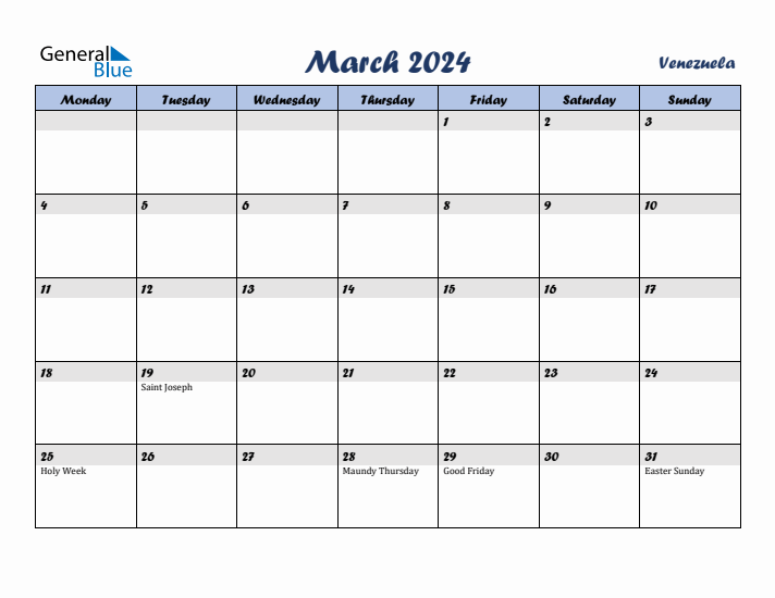March 2024 Calendar with Holidays in Venezuela