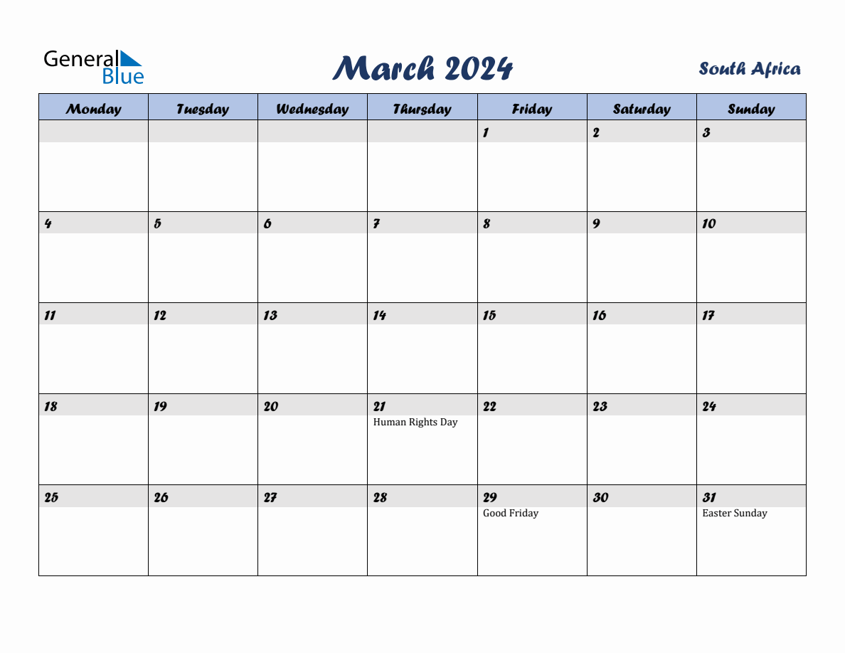 March 2024 Monthly Calendar Template with Holidays for South Africa