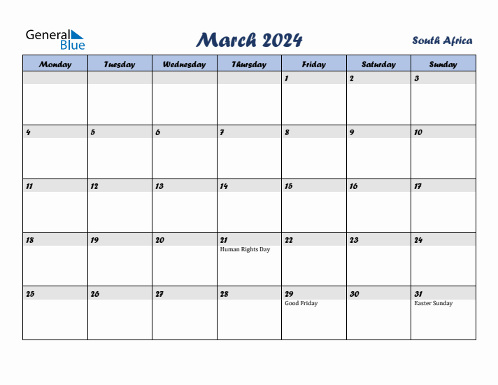 March 2024 Monthly Calendar Template with Holidays for South Africa