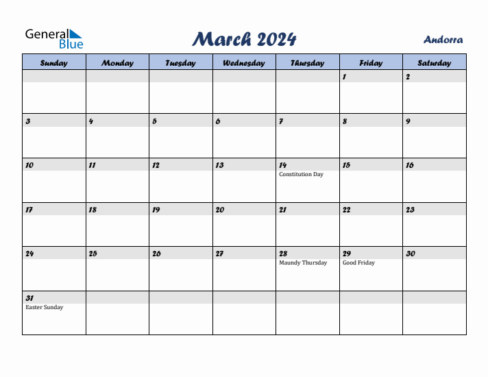 March 2024 Calendar with Holidays in Andorra