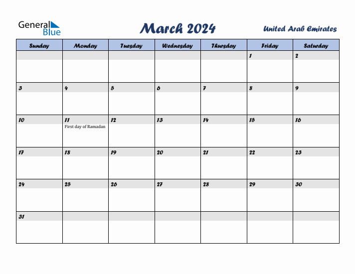 March 2024 Calendar with Holidays in United Arab Emirates