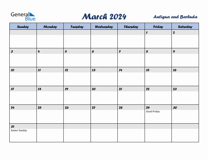 March 2024 Calendar with Holidays in Antigua and Barbuda
