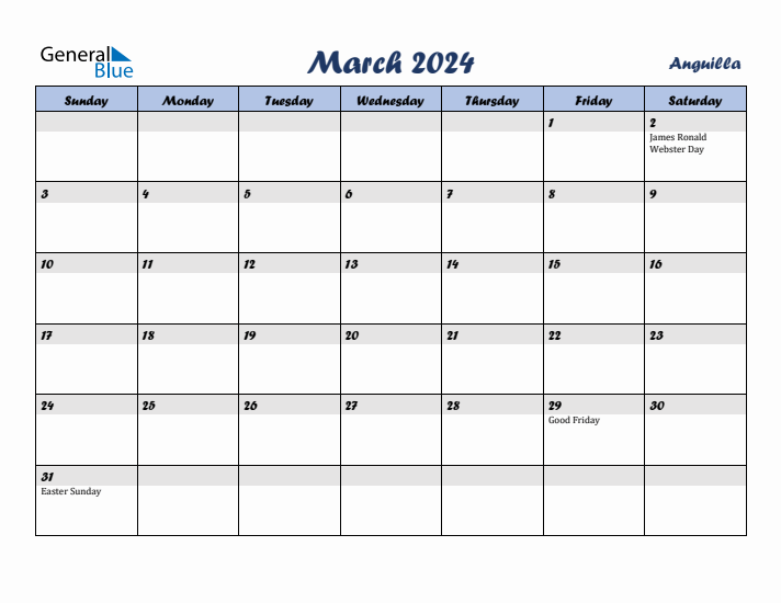 March 2024 Calendar with Holidays in Anguilla
