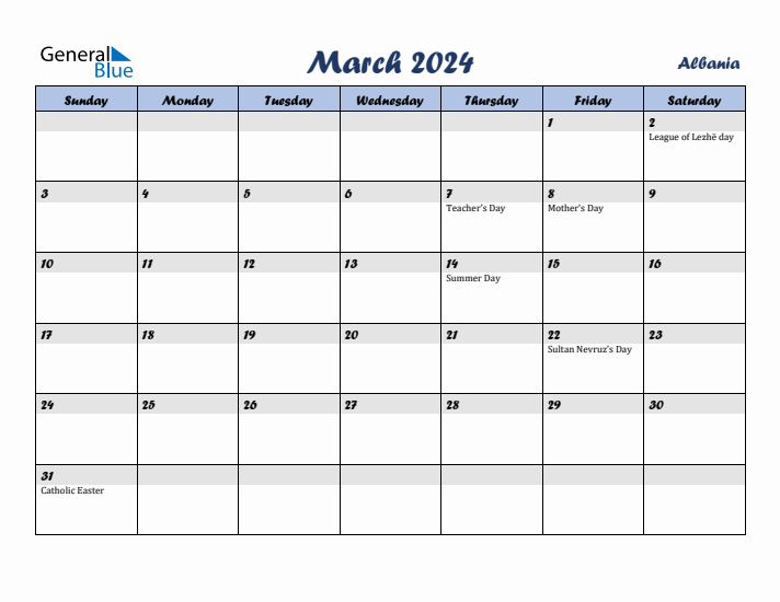 March 2024 Calendar with Holidays in Albania