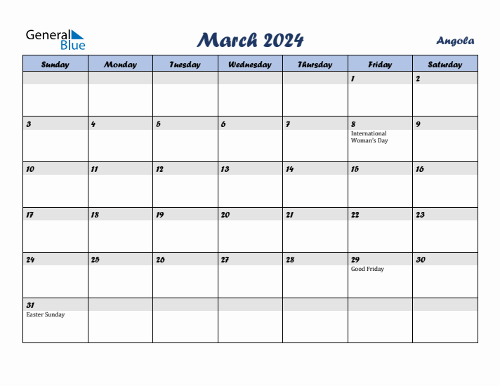 March 2024 Calendar with Holidays in Angola