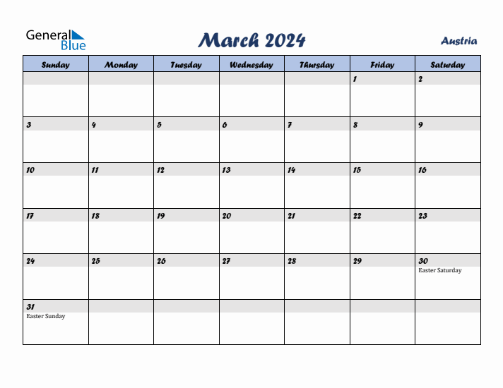 March 2024 Calendar with Holidays in Austria