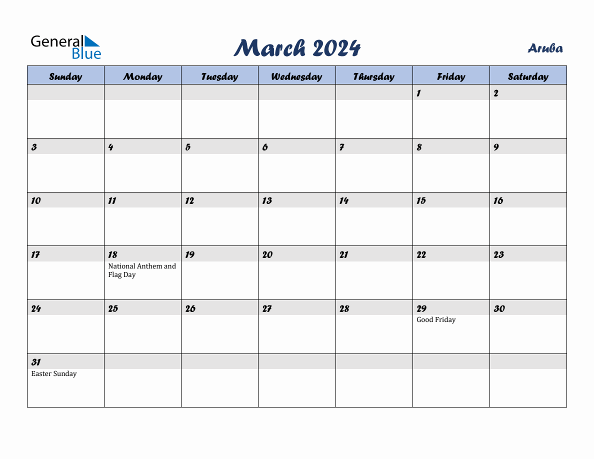 March 2024 Monthly Calendar Template with Holidays for Aruba